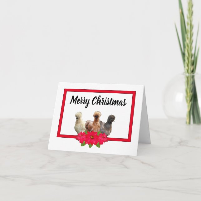 Silkie Bantam Chicken Christmas Poinsetta RedFrame Holiday Card (Front)