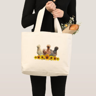 Silkie Bantam Chickens and Sunflowers Large Tote Bag