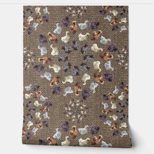Silkie Bantam Chickens Burlap Farmhouse Mandala Wallpaper (Unrolling)