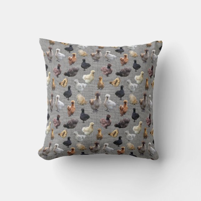 Silkie Bantam Chickens on Grey Burlap Cushion (Front)