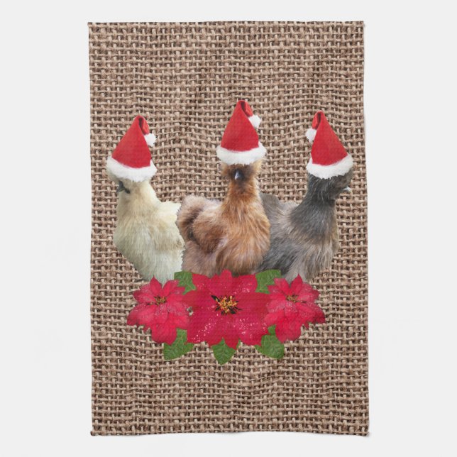 Silkie Bantam Christmas Chickens Santa Hats Burlap Tea Towel (Vertical)