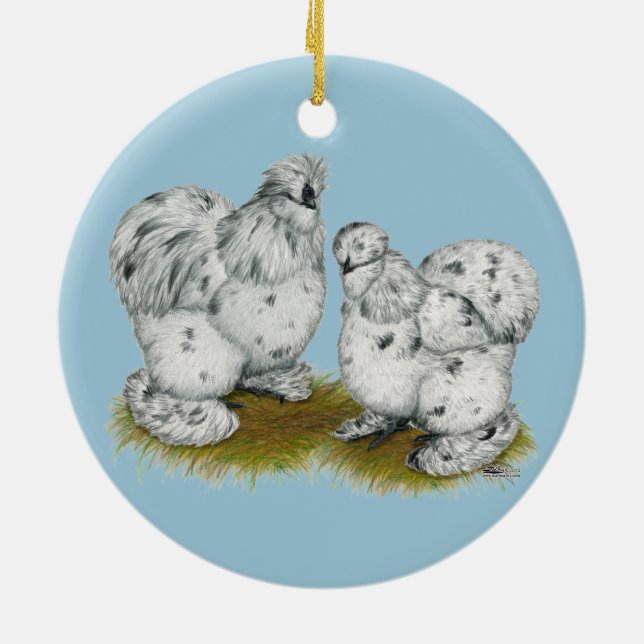Silkie Bantam Splash Chickens Ceramic Tree Decoration (Back)