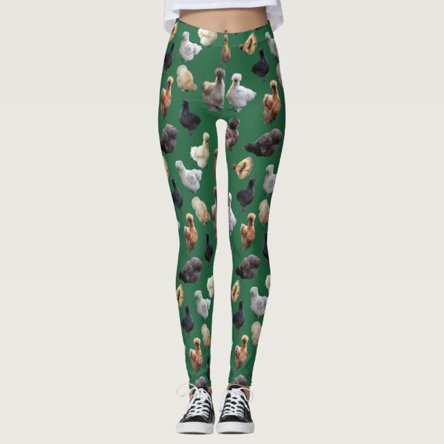 Silkie Bantams Chickens on Emerald Green Leggings (Front)