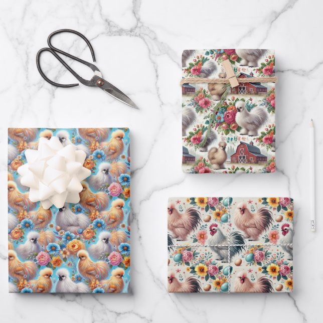Silkie Chicken 3-Sheet Flat Wrapping Paper Set (Front)