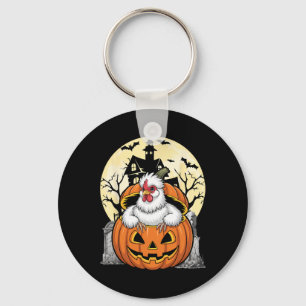 Silkie Chicken Happy Halloween Pumpkin Farm Animal Key Ring