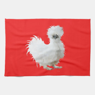 Silkie White Chicken on Red Tea Towel