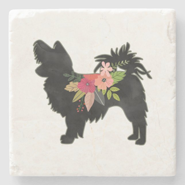 Silky Chihuahua Dog Breed Boho Floral Silhouette Stone Coaster (Front)