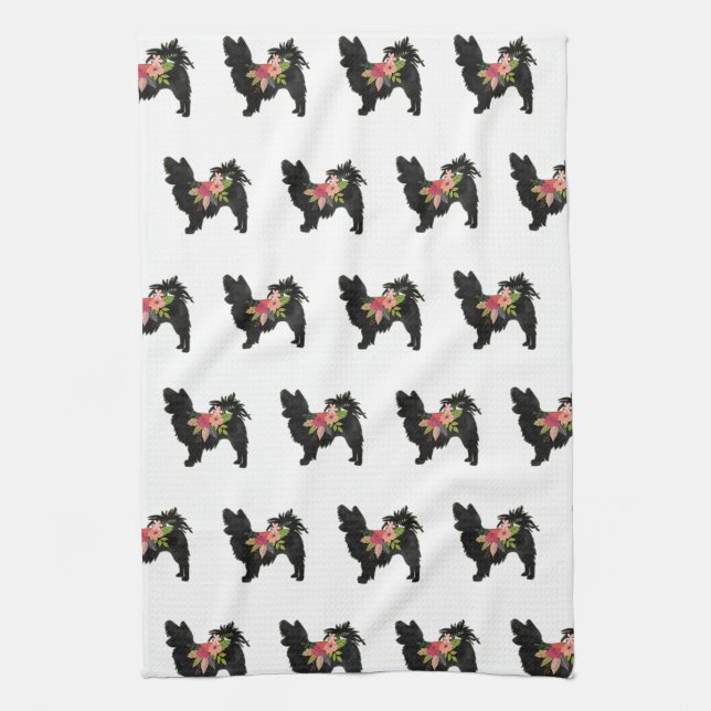 Silky Chihuahua Dog Breed Boho Floral Silhouette Tea Towel (Vertical)