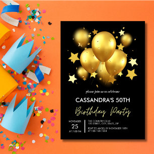 Silky Golden Balloons Stars Black Birthday  Invitation