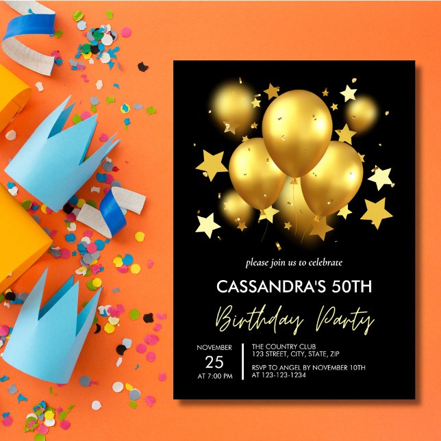 Silky Golden Balloons Stars Black Birthday  Invitation (Creator Uploaded)