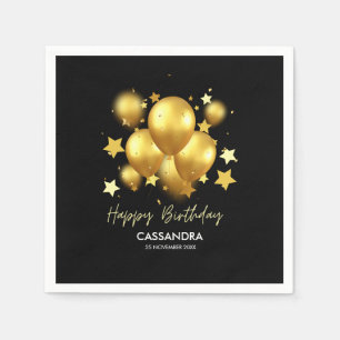 Silky Golden Balloons Stars Black Birthday Napkin