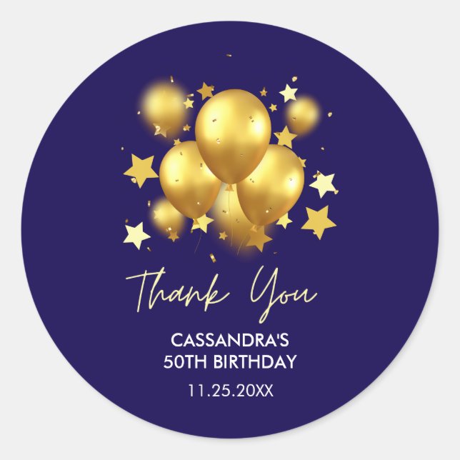Silky Golden Balloons Stars Navy Birthday  Classic Round Sticker (Front)