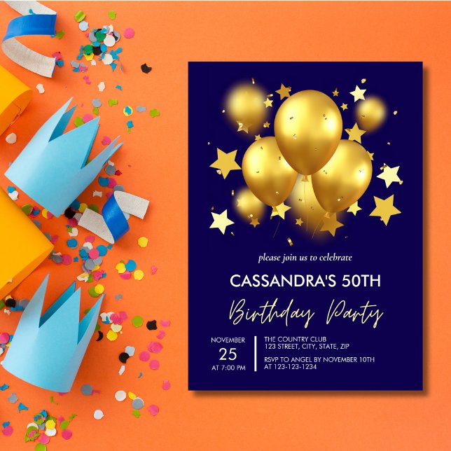 Silky Golden Balloons Stars Navy Birthday  Invitation (Creator Uploaded)