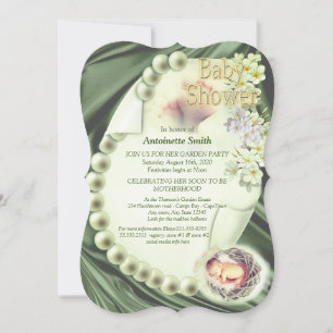 Silky GREEN Pearl Baby Shower Invitation