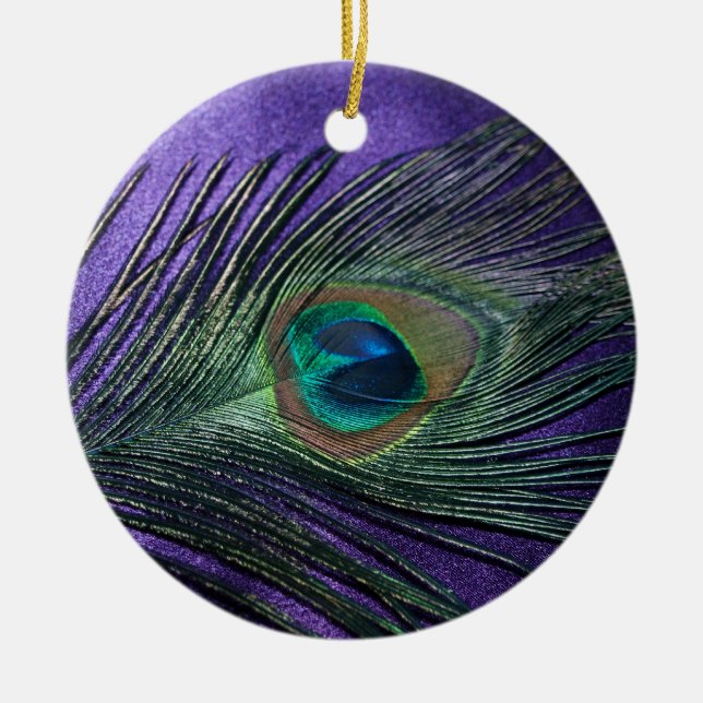 Silky Purple Peacock Feather Ceramic Tree Decoration (Front)