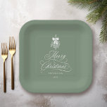 Silky Sage Romantic Calligraphy Merry Christmas  Paper Plate<br><div class="desc">This Christmas paper plate features elegant and romantic swirly calligraphy lettering,  accented with a winter berry holly bouquet. For more advanced customisation of this design,  please click the BLUE DESIGN TOOL BUTTON. Matching items are also available.</div>