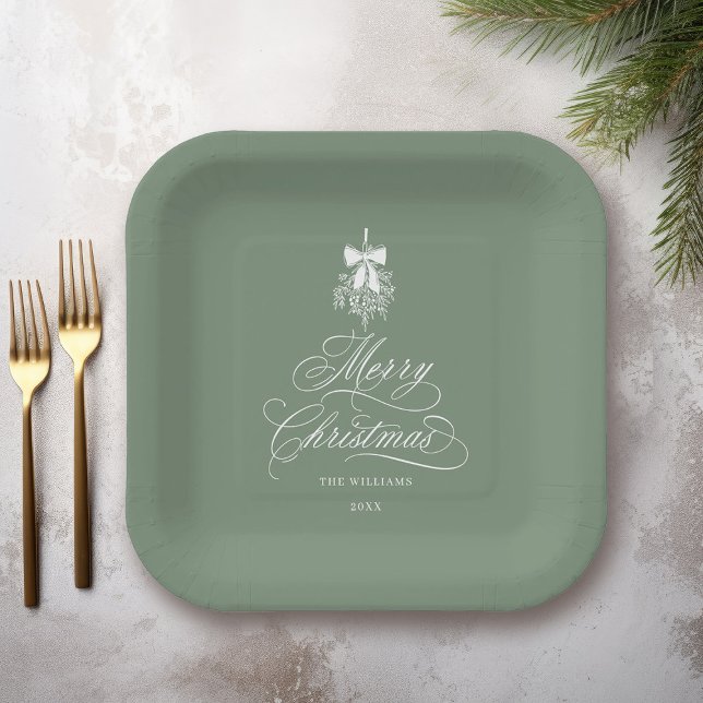 Silky Sage Romantic Calligraphy Merry Christmas  Paper Plate (Creator Uploaded)