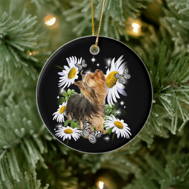 Silky Terrier Daisy Butterfly memorial paw prints  Ceramic Ornament (Tree)