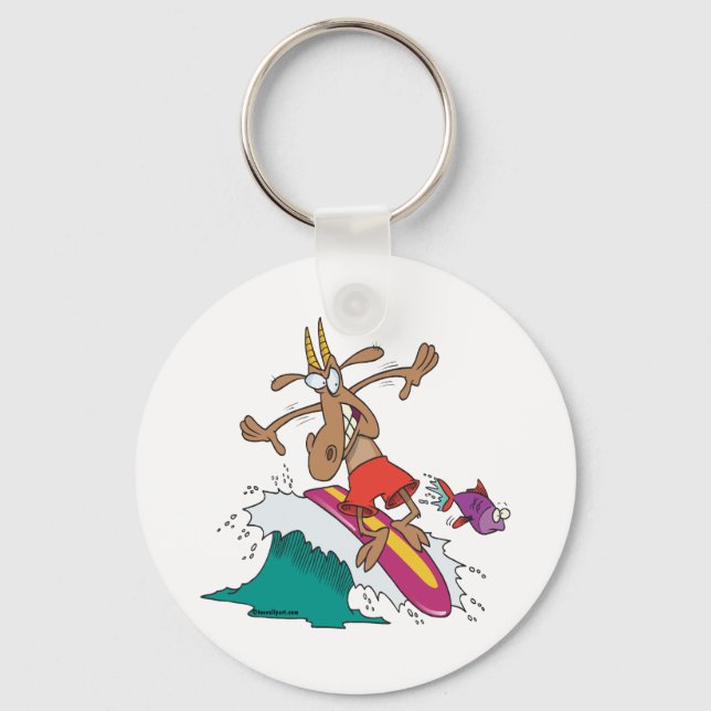 silly billy goat surfing surfer cartoon key ring (Front)