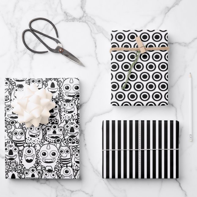 Silly Black White Monsters Wrapping Paper Sheet (Front)