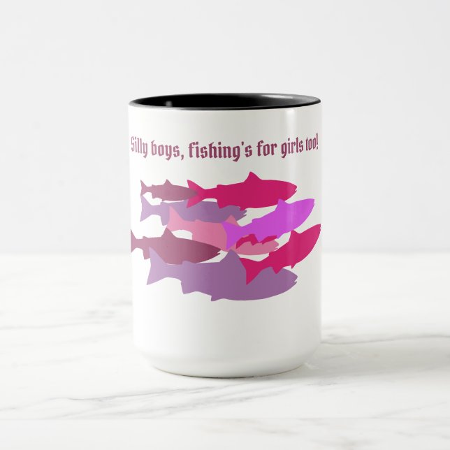 "Silly boys..." Pink Camo Trout  Mug (Center)