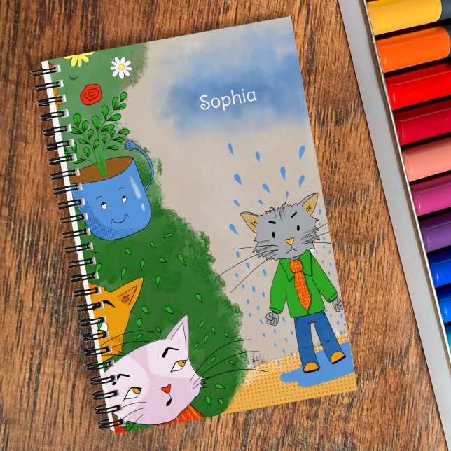 Silly Cat Personalised Spiral Notebook (Silly cartoon cats spiral notebook with name .)