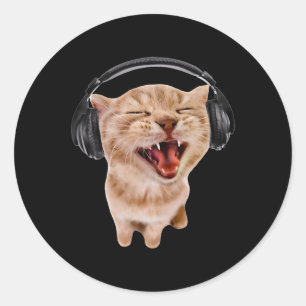 Silly Cat With Headphones Classic Round Sticker
