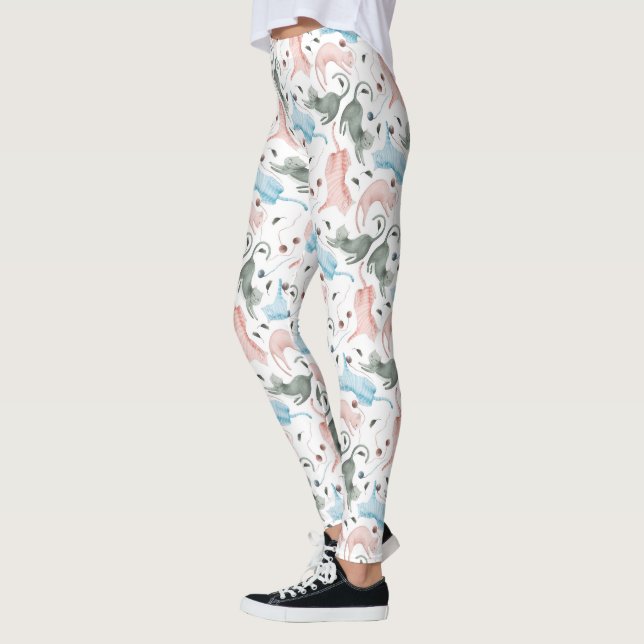 Silly Cats & Yarn Watercolors Illustration Pattern Leggings (Left)