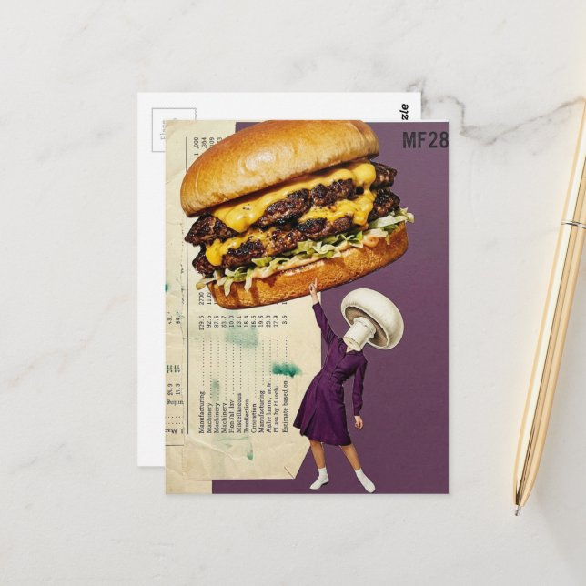 Silly Cheeseburger Mushroom Lady Collage Postcard (Front/Back In Situ)