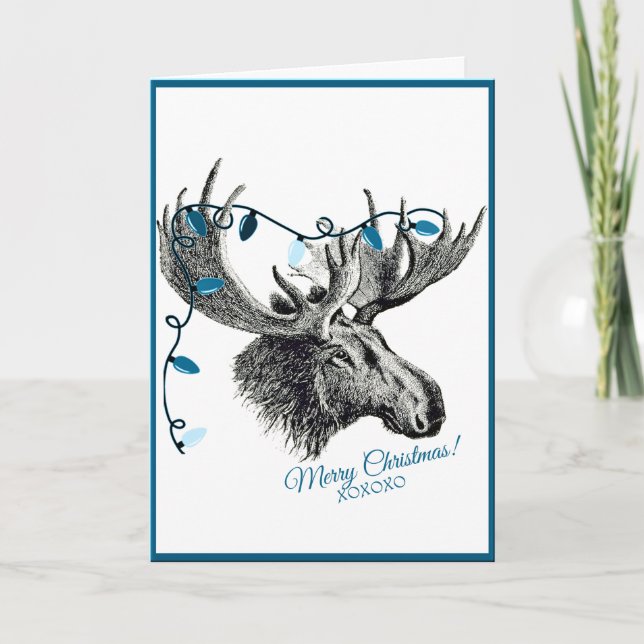 Silly Christmas Moose with Blue Lights Holiday Card (Front)