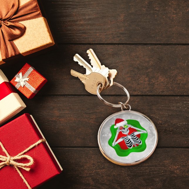Silly Christmas Skeleton Ornaments Santa Hat Green Key Ring (Christmas fun skeleton holding ornaments with Santa hat bright red green keychain.)