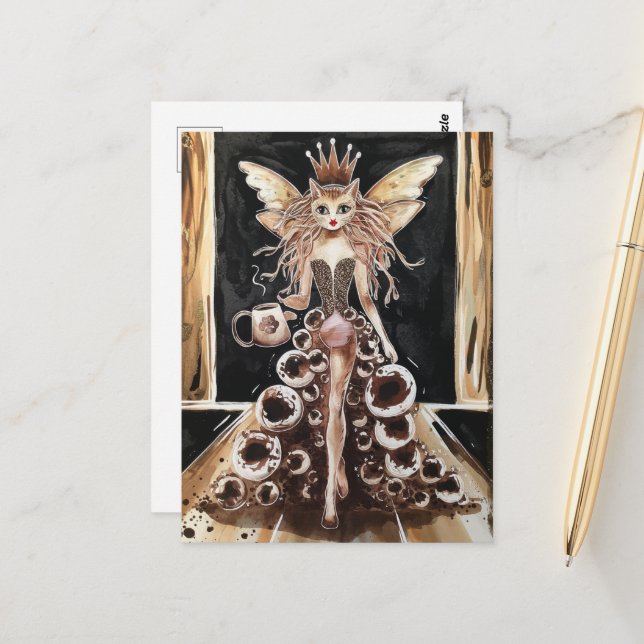 Silly Coffee Cat Fairy on the Model Runway Postcard (Front/Back In Situ)