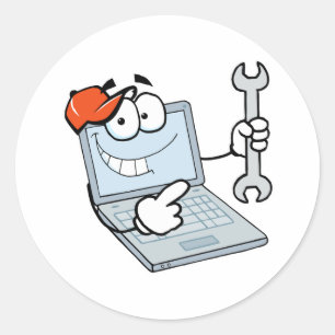 silly computer repair cartoon laptop with wrench classic round sticker