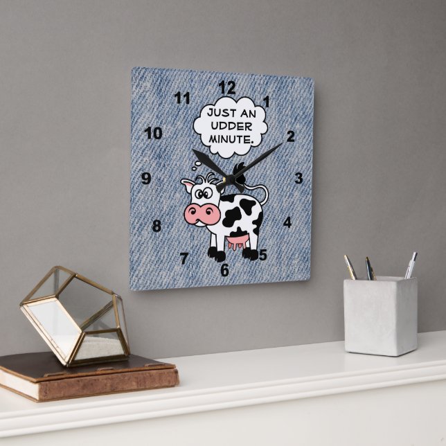 Silly Cow Just An Udder Minute Faded Denim Square Wall Clock (Office)