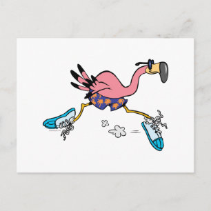silly cute jogging running flamingo postcard