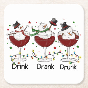 Silly “Drink, Drank, Drunk” Snowman and Wine  Square Paper Coaster