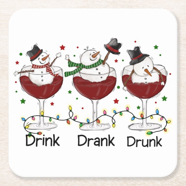 Silly “Drink, Drank, Drunk” Snowman and Wine  Square Paper Coaster (Front)