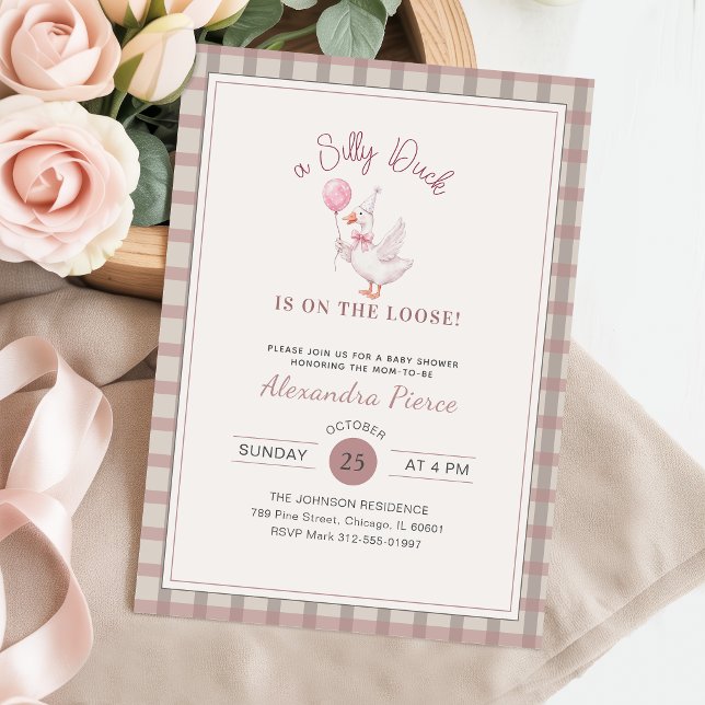 Silly Duck Pink Bow Elegant Gingham Baby Shower Invitation (Creator Uploaded)