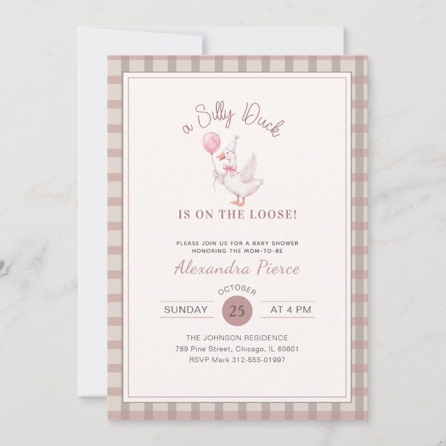 Silly Duck Pink Bow Elegant Gingham Baby Shower Invitation (Front)