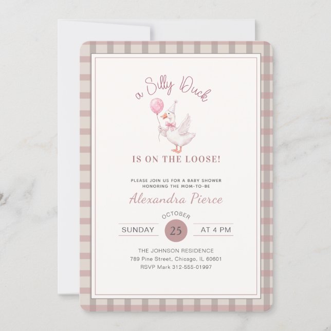 Silly Duck Pink Bow Gingham Baby Shower Invitation (Front)