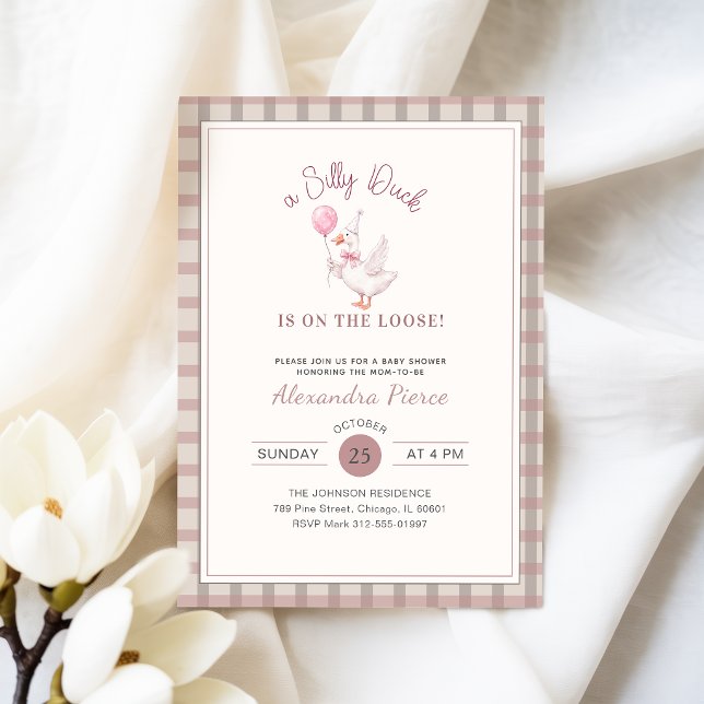 Silly Duck Pink Bow Gingham Baby Shower Invitation (Creator Uploaded)