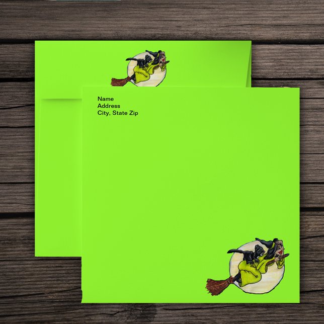 Silly Flying Witch Cat Moon Stars Party Envelopes (Fun Witch flying past moon on broom with black cat yellow stars on bright green mailing envelopes.)