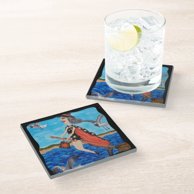 Silly Flying Witch in Bathing Suit Beach Seagulls Glass Coaster (Angled)