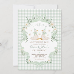 Silly Geese Twins Sage Green Bow Gingham Birthday Invitation