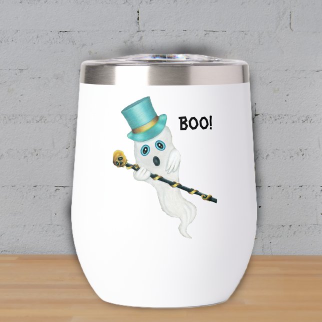 Silly Ghost Blue Eyes Top Hat Gold Skull Cane Boo (Fun white ghost blue top hat fancy black cane with gold skull on Halloween wine or drink tumbler.)