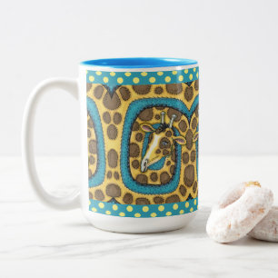 SILLY GIRAFFE LONG NECK AND SPOTS, FUNNY FOLK ART Two-Tone COFFEE MUG