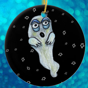 Silly Goofy Cartoon Ghost Big Eyes Stars Ceramic Tree Decoration