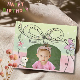 Silly Goose 1st Birthday Girl Pink Bow Photo Thank You Card