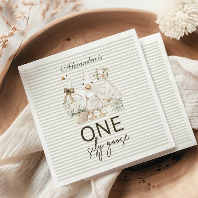 Silly Goose 1st Birthday Green Stripes  Napkin (Creator Uploaded)