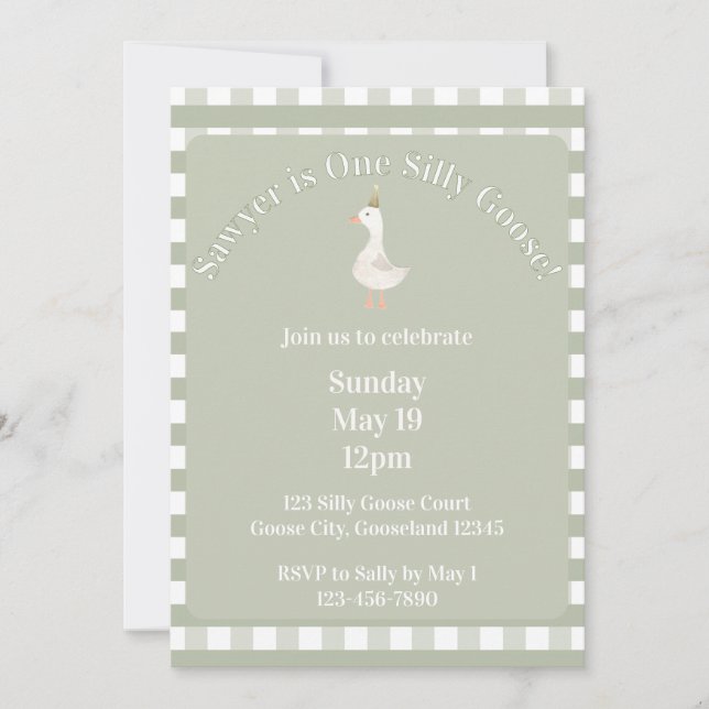 Silly Goose 1st Birthday Invitation (Sage Green) (Front)